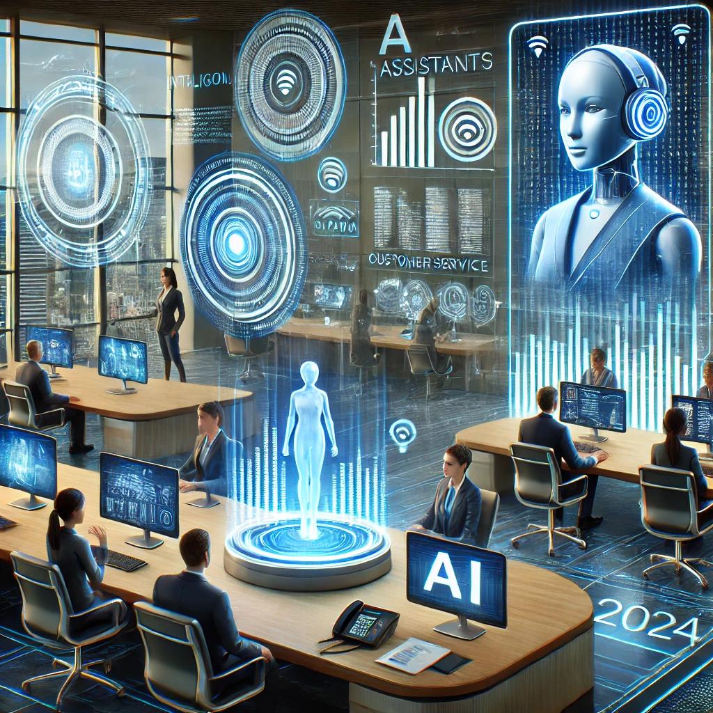 Dall·e 2024 09 09 16.12.54   a Futuristic Office Environment Where Intelligent AI Assistants Are Working Alongside Human Employees. the AI Assistants, Represented by Sleek Hologra