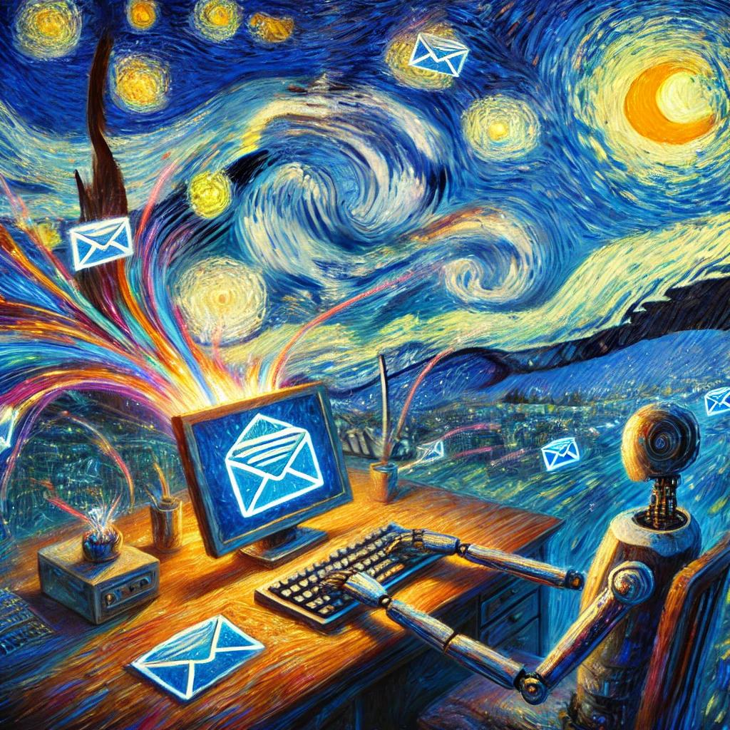 Dall·e 2024 10 10 14.32.57   a Painting in the Style of Vincent Van Gogh, Depicting the Automation of Email Sending and Tasks Performed by a Large Language Model (llm). the Scene 